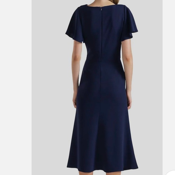 Shoshanna Navy Blue Ophelia V-Neck Stretch Crepe Bias Cut Flutter Sleeve Dress,8 - Picture 2 of 13